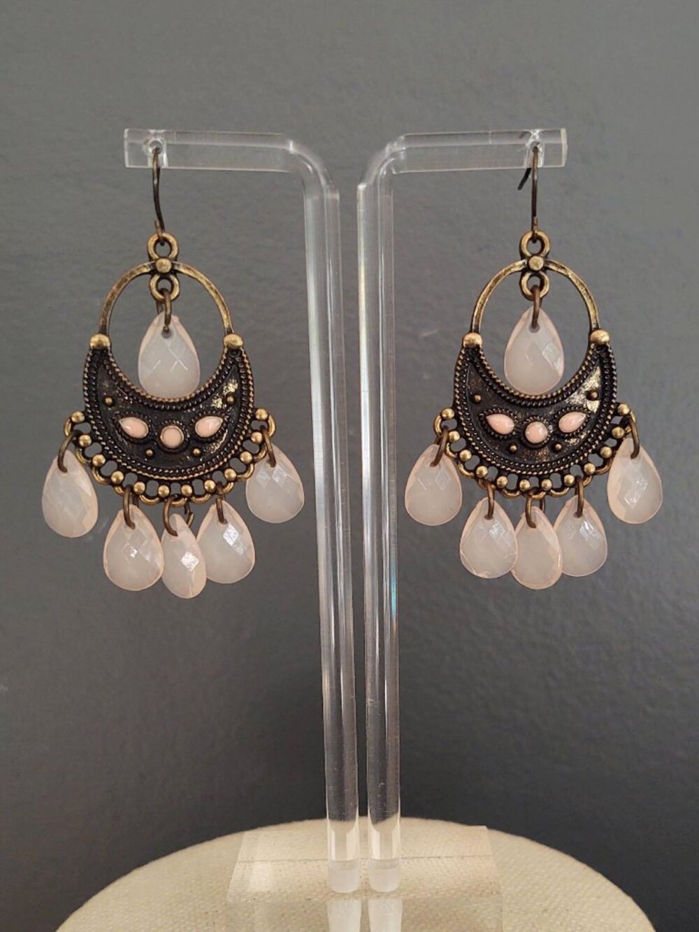 Antique gold, pink enamel and pink dangle beaded earrings